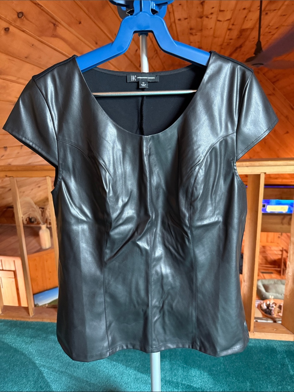 INC International Concepts Black Faux Leather Short-Sleeve Top